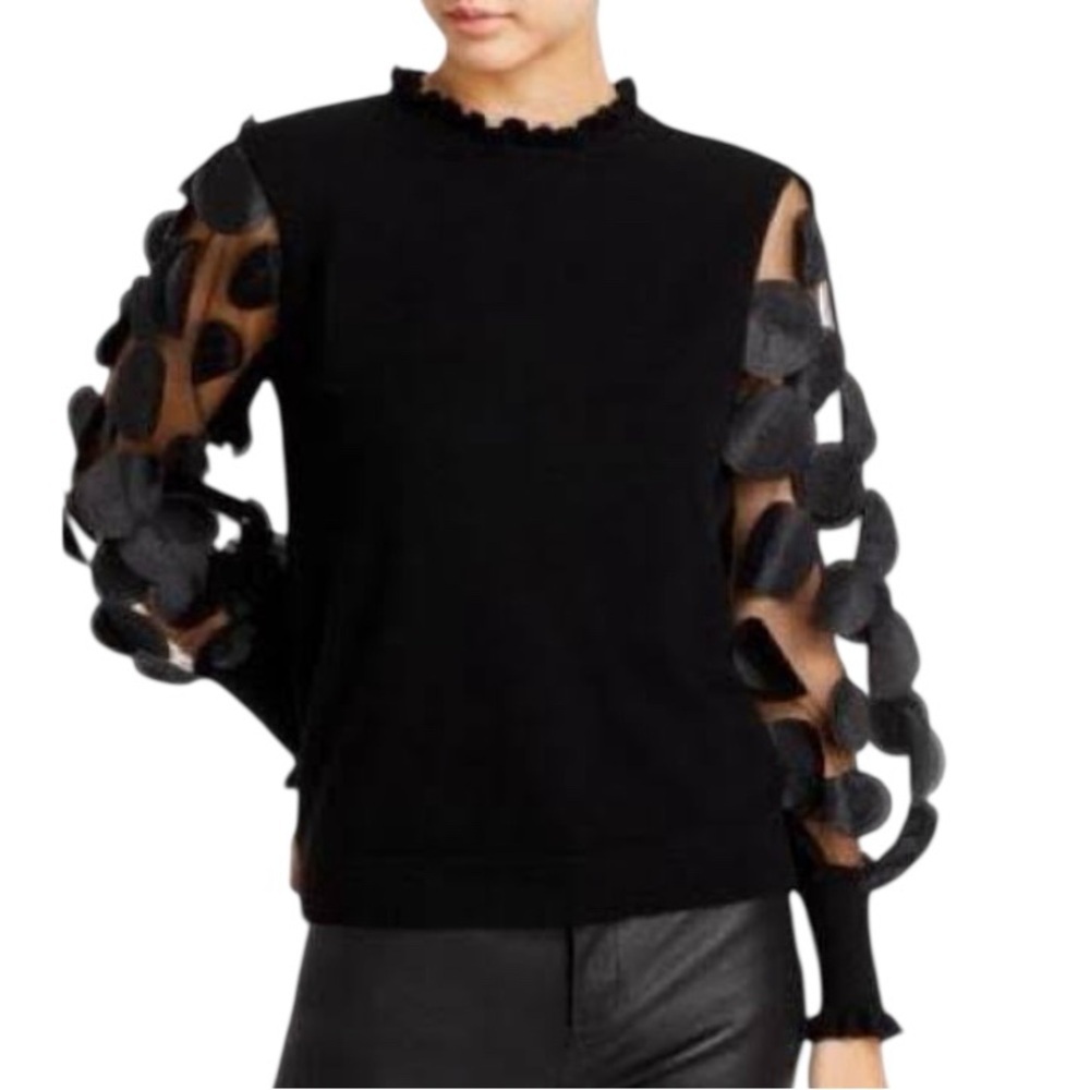 NWOT Sioni Black Illusion Sheer Sleeve Fine Knit Sweater - Size XL